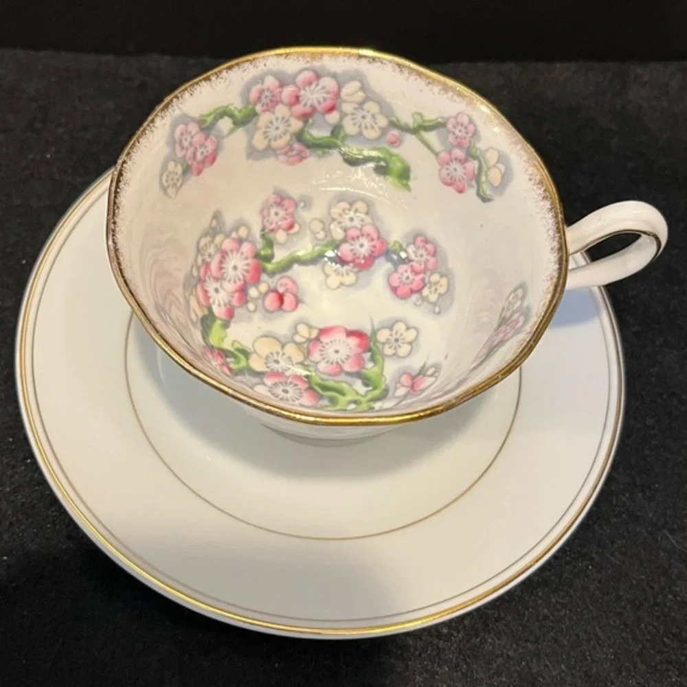 Royal Albert Pink & Yellow Floral Teacup with coordinating Royale Aurum Saucer